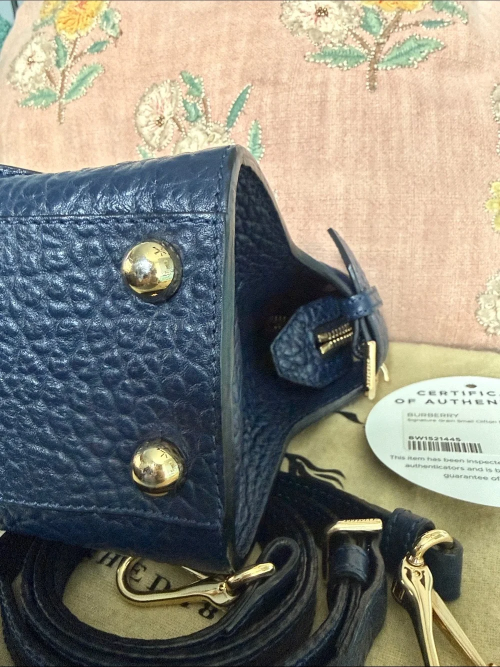 Burberry Navy Textured Leather Mini Satchel with Gold Hardware